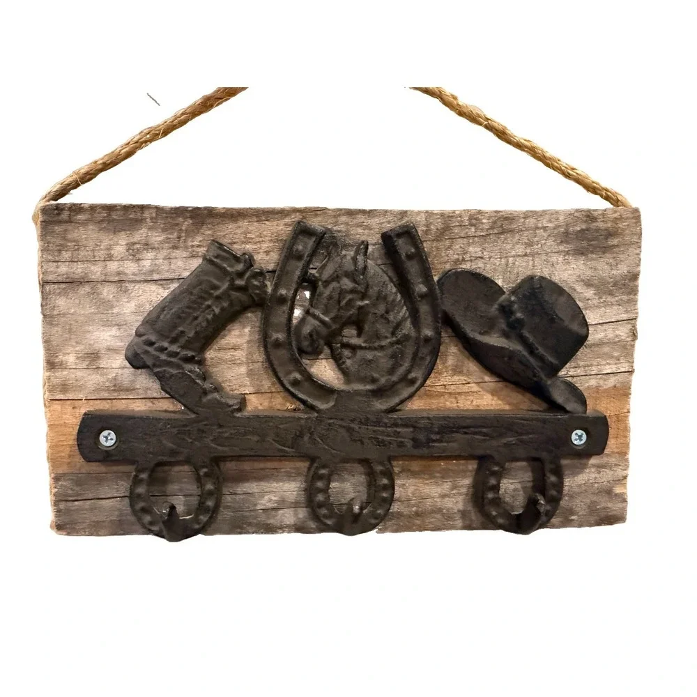 Cast Iron Horseshoe Cowboy Boot Hat Key Rack Reclaimed Wood Wall Hook Rustic